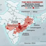 Map of India showing districts affected by Naxalism in 2016 and 2024, highlighting the Red Corridor across states including Chhattisgarh, Jharkhand, Odisha, Maharashtra, Telangana, Andhra Pradesh, Madhya Pradesh, and Bihar, with darker red indicating highest Maoist activity in 2024.