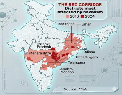 Map of India showing districts affected by Naxalism in 2016 and 2024, highlighting the Red Corridor across states including Chhattisgarh, Jharkhand, Odisha, Maharashtra, Telangana, Andhra Pradesh, Madhya Pradesh, and Bihar, with darker red indicating highest Maoist activity in 2024.